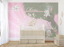 Fotobehang lieve roze knuffeldiertjes babykamer met naam van uw kindje